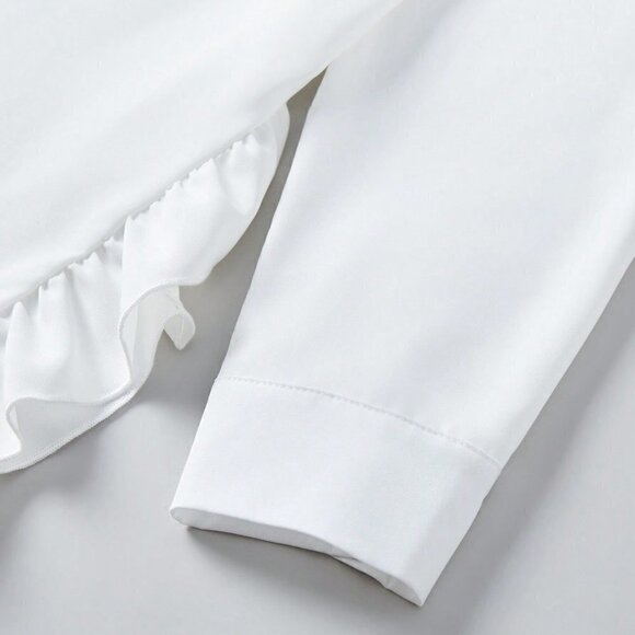 White Casual Women's Solid Color Ruffle Trim Decor Button Front Blouse - Picture 3 of 5